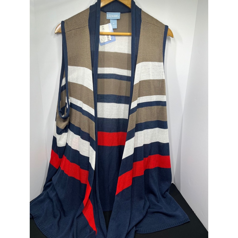 Liz & Me Womens 3X Striped Sleeveless Cardigan Vest Navy Tan Red Open Front NWT